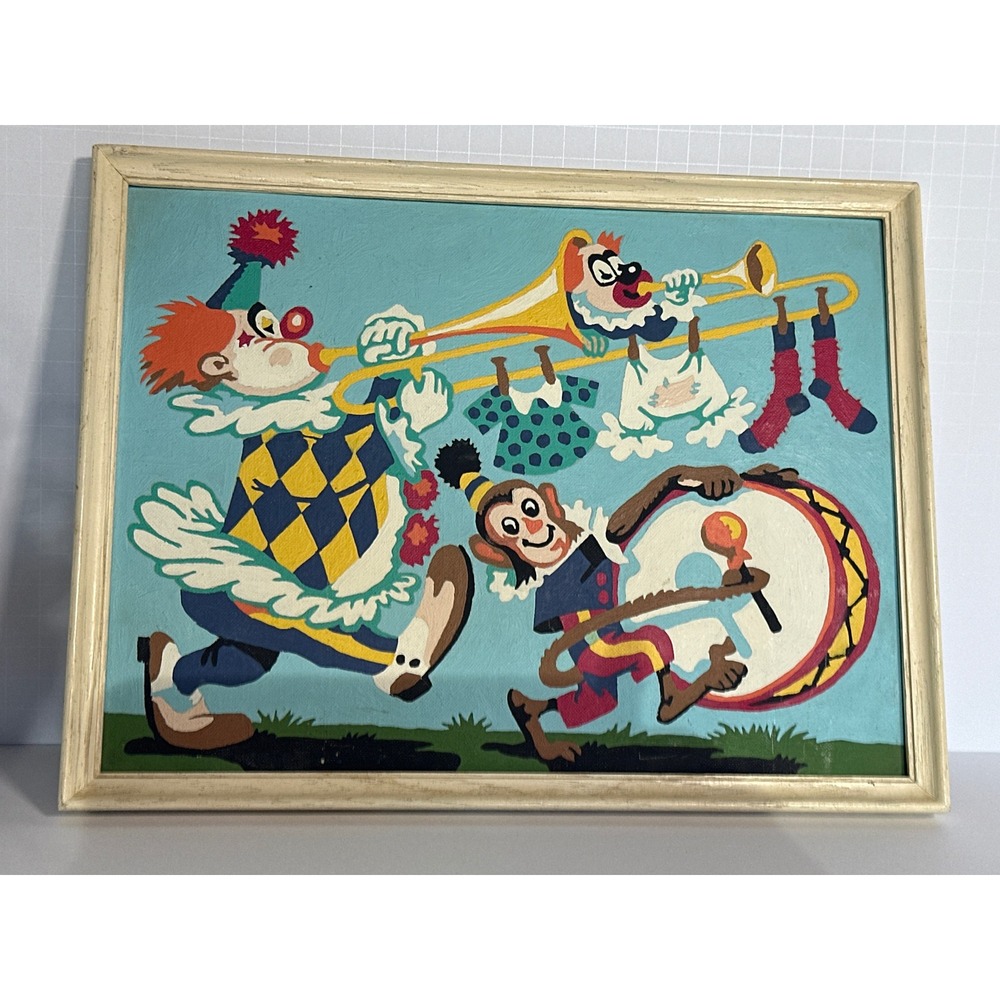 MCM paint by numbers 1961 Circus, Clown, Whimsical, Vintage Framed Wall Decor,